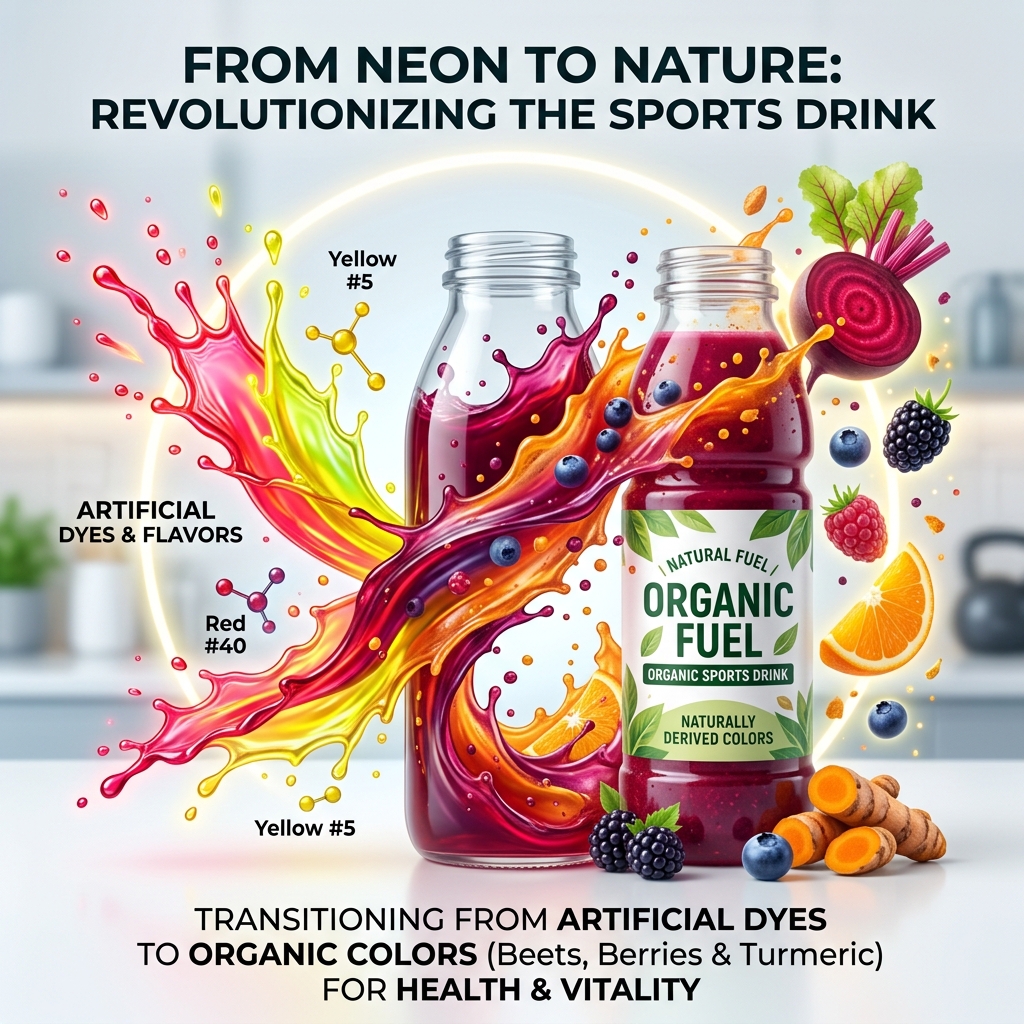 A sports drink splashing, transitioning from artificial neon colors to natural fruit colors