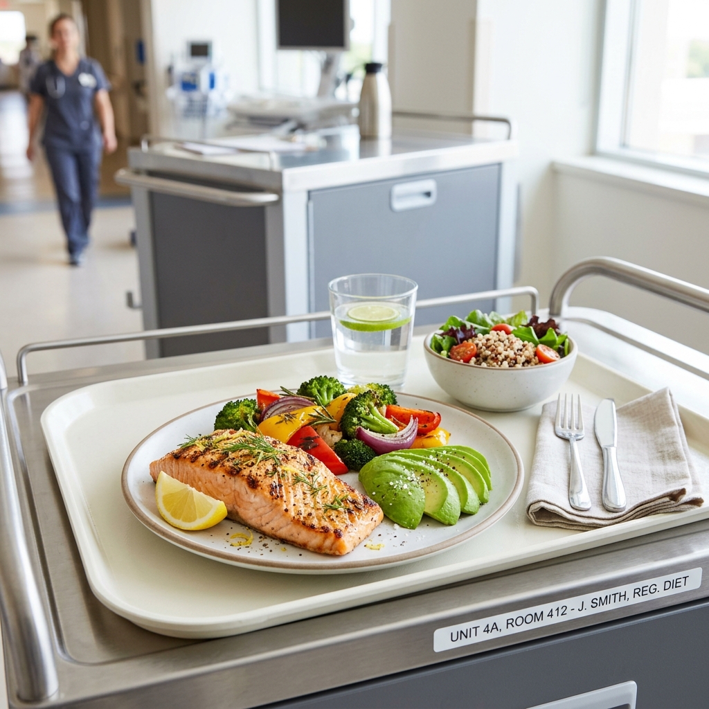 Hospital meal tray featuring fresh, nutrient-dense whole foods like salmon, roasted vegetables, and avocado