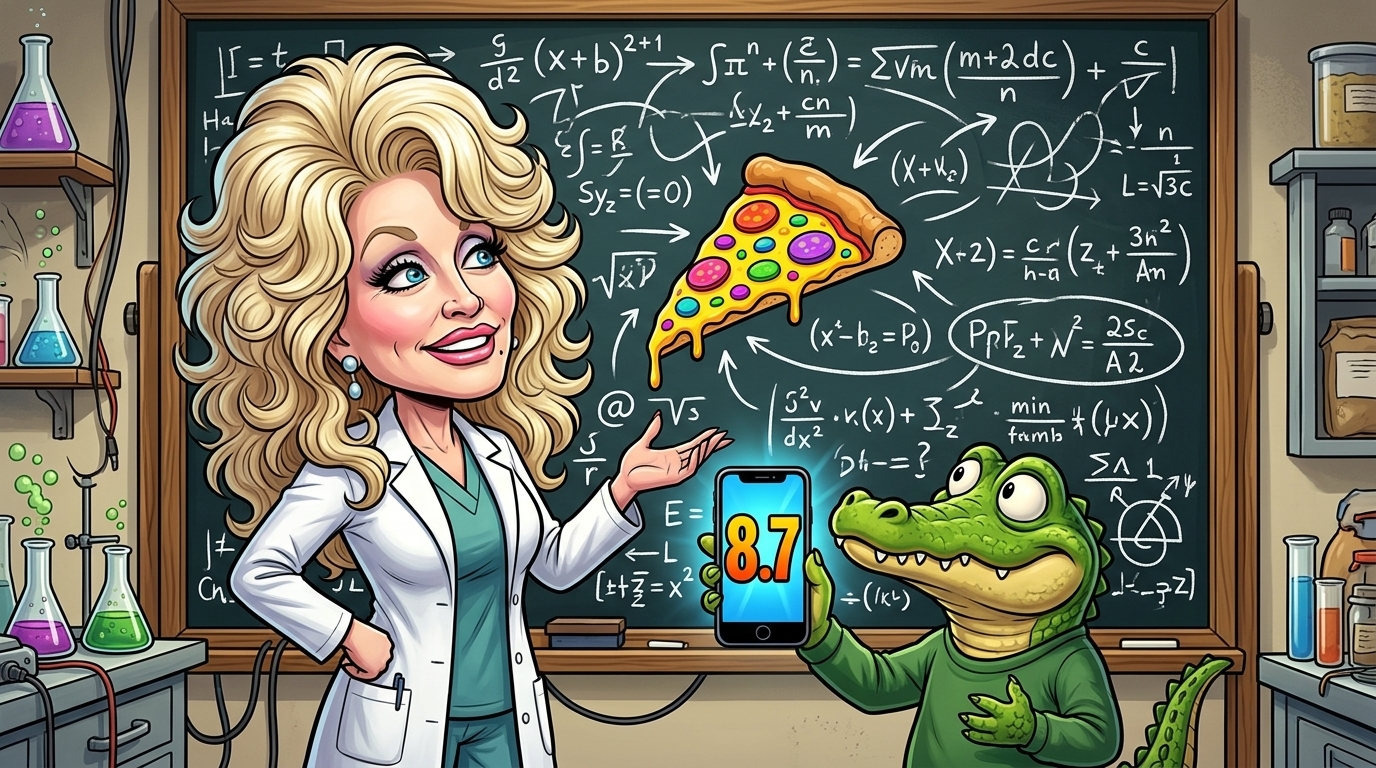 Dr. Seuzz at a chalkboard covered in equations while the gator holds up a phone showing a score
