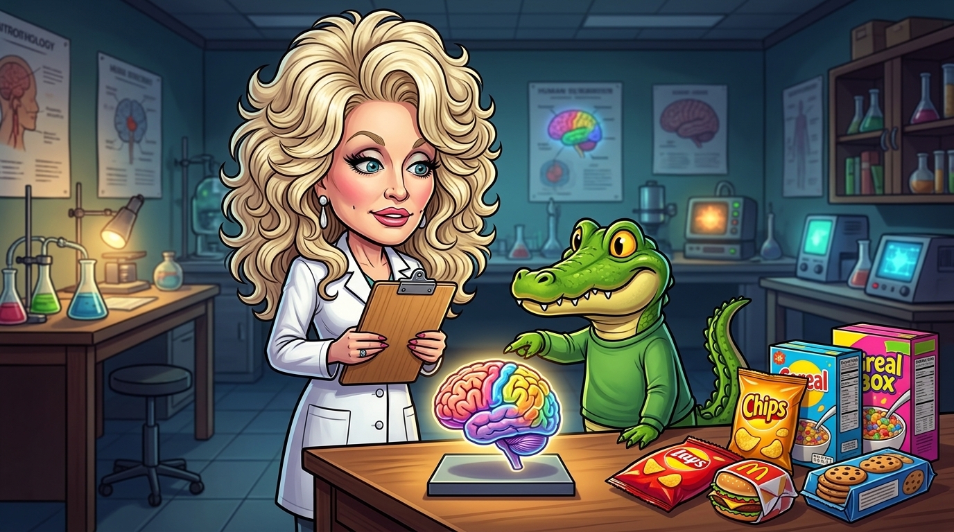Dr. Seuzz and the gator in a lab examining a glowing brain model beside packaged snack foods