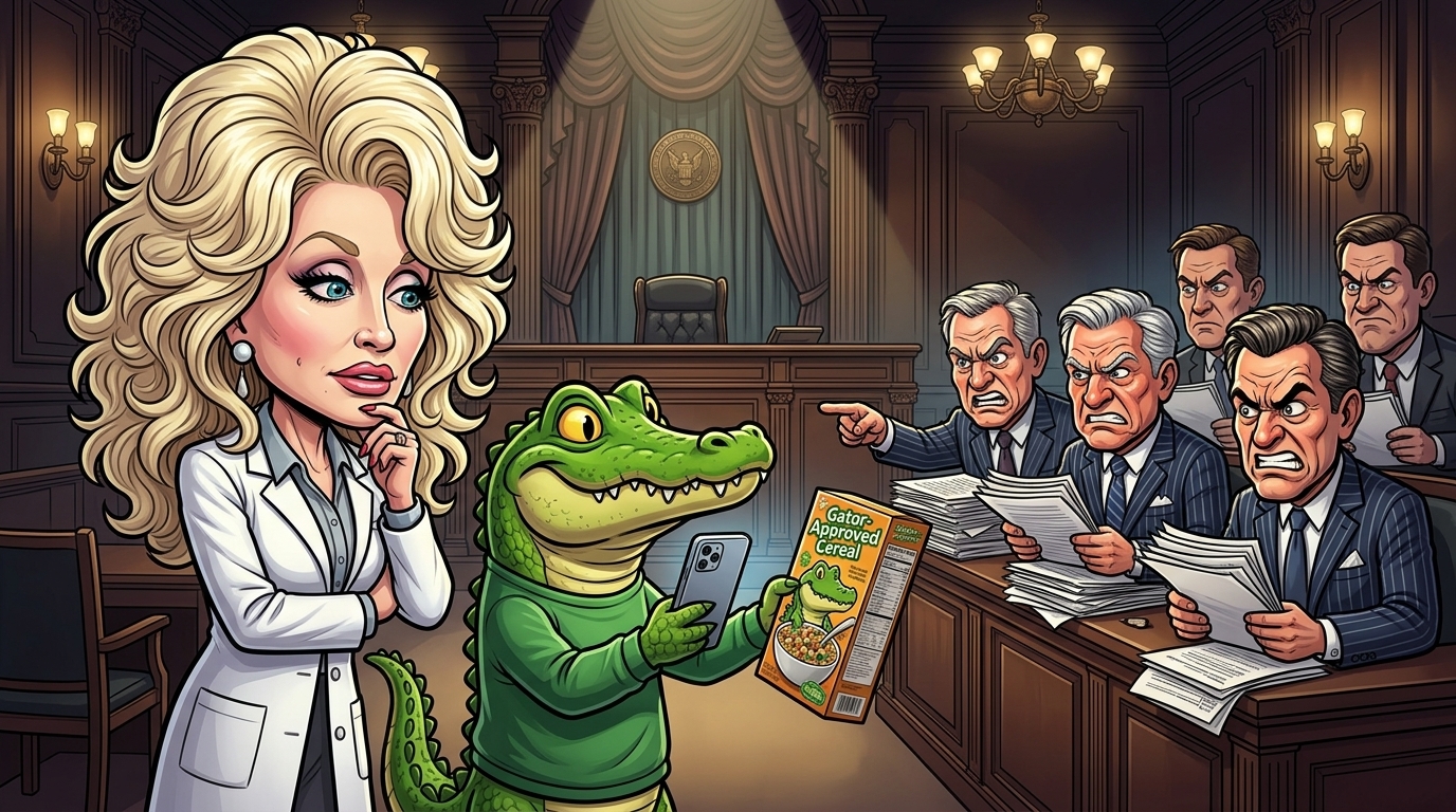 Dr. Seuzz and the gator in a courtroom facing a row of corporate lawyers