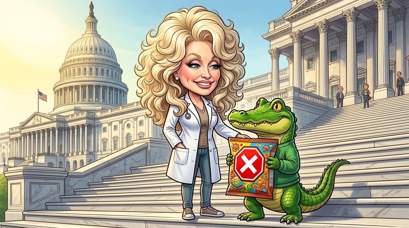 Dr. Seuzz and the gator on the Capitol steps holding a flagged snack package
